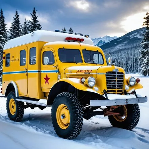 A 1950s frontier ambulance vehicle for rough terrain and snow,an old fashioned truck is yellow with white stripes,emergency ambulance,white fire truck,ambulance,emergency vehicle,ambulances,fire truck