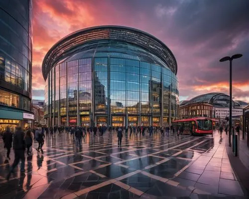 Birmingham cityscape, modern architectural design, sleek skyscraper, reflective glass facade, intricate steel framework, urban landscape, busy street scene, people walking in all directions, cars and 