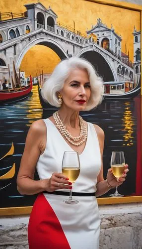 Venice Biennale 2025, evening time, soft golden light, crowds of stylish people, solo mature lady, elegant white hair, red lips, pearl necklace, black evening dress, high heels, holding champagne glas