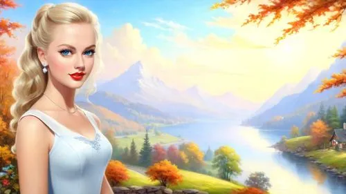 Romantic masterpiece oil painting, cute girl portrait, nostalgic 1950's style kitsch, breathtaking beautiful landscape, majestic natural Autumn scenery, warm evening lighting, highly detailed, high re