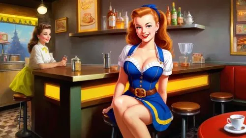 Romantic kitsch masterpiece oil painting, cute waitress girl portrait, sitting, 1950's style diner, nostalgic retro vintage scenery, by Thomas Kinkade, high res,retro diner,retro pin up girls,waitress