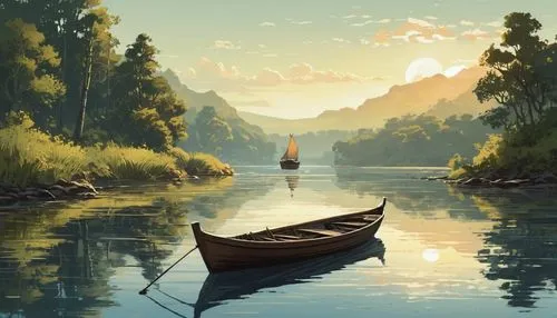 boat landscape,canoe,canoeing,river landscape,canoes,landscape background,Illustration,Children,Children 04