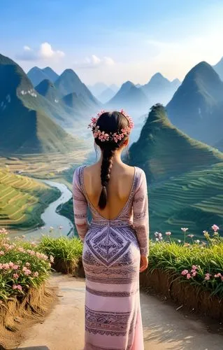 spectacular scene of Ha Giang nature in the background, an elegant Vietnamese lady with long braided black hair wears a tribal electic chic backless dress with Vietnamese tribal pattern in light earth