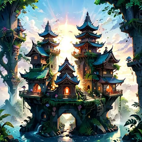 maplestory,bird kingdom,teahouse,asian architecture,fairy village,ancient city,game illustration,fantasy landscape,bird bird kingdom,background design,yamatai,forest house,pagodas,shrines,sanctum,qingcheng,tianxia,jinchuan,fairy chimney,buddhist temple,Anime,Anime,Traditional