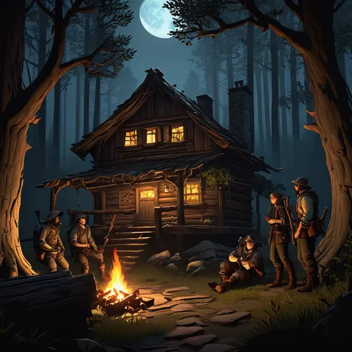 game illustration,campfires,witch's house,log cabin,small cabin,log home,house in the forest,the night of kupala,campsite,wooden hut,campfire,cabin,campers,adventure game,lodge,night scene,witch house,the cabin in the mountains,treehouse,cottage,Illustration,Vector,Vector 14