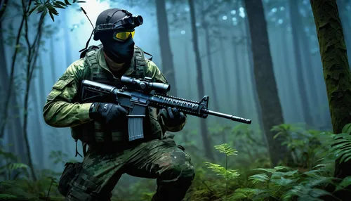 stealthy ghost warrior, male, (30yo), muscular build, tactical gear, camouflage face paint, sniper rifle, night vision goggles, crouching position, silent takedown, forest environment, night time, amb