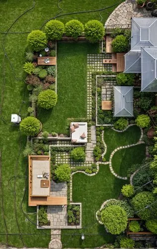 Landscape Design,a lush green yard that's surrounded by lots of trees and bushes,landscape designers sydney,landscape design sydney,landscaped,garden design sydney,garden elevation,overhead shot,Photo