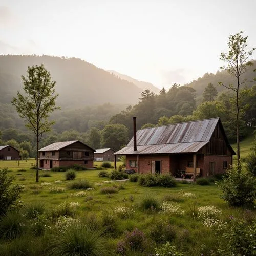 Rustic rural landscape, wooden farmhouse, earthy tones, weathered barns, rolling hills, lush green pastures, wildflowers, misty morning, soft warm lighting, natural textures, wooden accents, stone wal