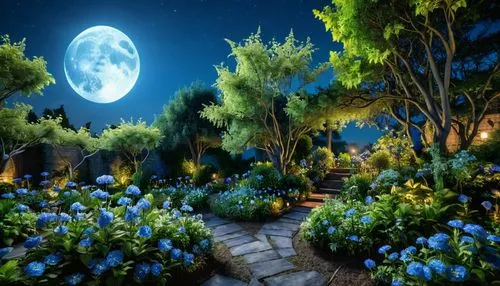 PORTRAIT OF an mysterious  garden during the night, with mysterious glowing plants, beautiful blue flowers, a BLUE moon lies low above the garden,,moonlight cactus,moonlit night,fairy forest,fairytale