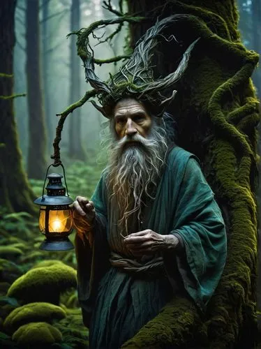 forest man,indian monk,druids,tea zen,monk,shamanism,the wizard,hobbit,druid,buddhist monk,gandalf,lamplighter,shamanic,wizard,woodsman,middle eastern monk,farmer in the woods,shaman,sadhu,lantern,Illustration,Realistic Fantasy,Realistic Fantasy 41