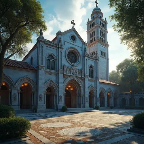 Romanesque building, indigo color walls, ornate stone carvings, grand arches, stunning stained glass windows, intricate mosaic floors, majestic bell tower, serene courtyard, lush greenery, ancient tre