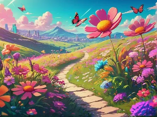 spring background,springtime background,blooming field,butterfly background,flower background,flower field,field of flowers,fairy world,cartoon video game background,flowers field,sea of flowers,easter background,primavera,flower garden,landscape background,flower meadow,beautiful wallpaper,flower painting,falling flowers,bloomeries,Conceptual Art,Sci-Fi,Sci-Fi 27