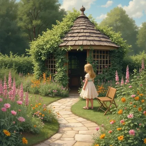 girl in the garden,arrietty,cottage garden,the little girl's room,in the garden,girl picking flowers