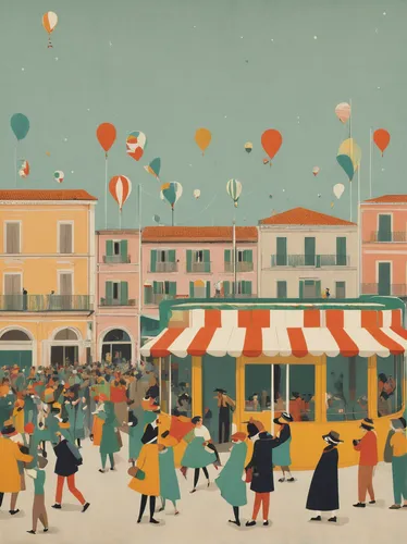 viareggio,balloon and wine festival,the pied piper of hamelin,aix-en-provence,vintage illustration,lido di ostia,arles,the carnival of venice,rimini,provencal life,street fair,the market,fruit market,village festival,parasols,vintage art,vintage print,marketplace,easter festival,medieval market,Illustration,Japanese style,Japanese Style 08