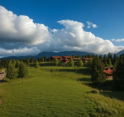 a wide open field in front of a building and trees,bucovina romania,bucovina,zlatibor,carpathians,alpine pastures,south tyrol,bukovina,tatra mountains,styria,beskids,hoverla,east tyrol,jahorina,wester