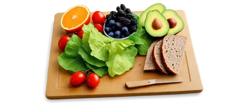 Fresh fruits, mixed berries, green grapes, juicy apples, vibrant orange slices, colorful vegetable salad, crispy romaine lettuce, cherry tomatoes, avocado halves, whole wheat bread, wooden cutting boa