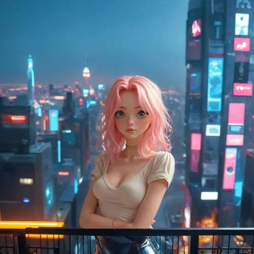 kallen,pink hair,on the roof,above the city,lumpur,ia