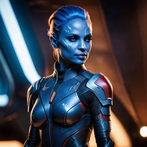 Mass Effect
Liara Tsoni ( asari ) ( xeno )

blaue Haut.
 Geschwungene kurze Tentakel statt Haaren auf dem kopf
Keine Ohren am kopf,liara,asari,symetra,satari,calibrations,zavtra,andorian,liora,anakara