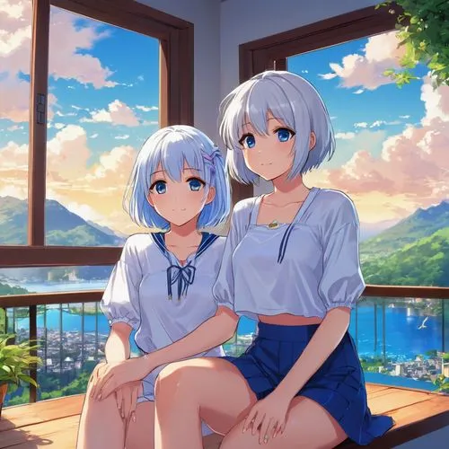 summer day,summer clothing,summer evening,meteora,two girls,yuki nagato sos brigade,idyllic,summer background,piko,aqua,summer sky,azure,sisters,honolulu,sky apartment,idyll,duo,hands holding,island residents,in the summer,Illustration,Japanese style,Japanese Style 03