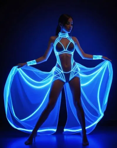 dancing girl with futuristic glowing cloths,the glow costume ,neon body painting,electroluminescent,hologram,light drawing,glows,light paint