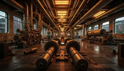 Intricate industrial pipework, metallic sheen, vibrant orange accents, complex machinery, steam vents, turbine halls, control room dashboards, neon-lit catwalks, reinforced concrete structures, futuri