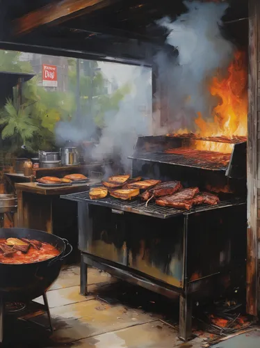 Imagine the sizzling sound of Rudy's BBQ grill and describe the delicious aroma.,filipino barbecue,barbecue,pork barbecue,barbecue area,painted grilled,anticuchos,barbeque grill,barbeque,grilled food,