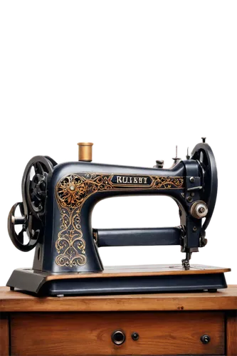 Sewing machine, metallic body, intricate details, rotary wheel, thread spool, pedal foot, wooden desk, vintage style, ornate carvings, soft focus, warm lighting, 3/4 composition, shallow depth of fiel