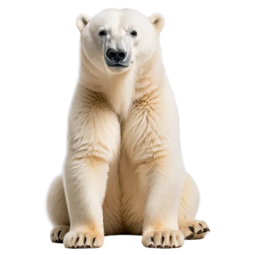 Cute polar bear, white fur, fluffy texture, sitting posture, front legs together, back legs bent, paws visible, adorable facial expression, whiskers, nose detail, soft lighting, warm color tone, shall