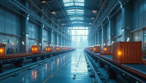 Futuristic distribution center, modern industrial architecture, sleek metallic walls, neon lights, automated robots, conveyor belts, futuristic shipping containers, LED screens displaying data, minima