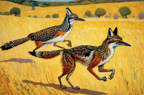 Describe a tense chase between a roadrunner and a coyote.,gazelles,female hares,hares,pronghorn,hare trail,macropodidae,charadriiformes,hare field,spinifex pigeon,pheasant's-eye,antelope jackrabbit,pr