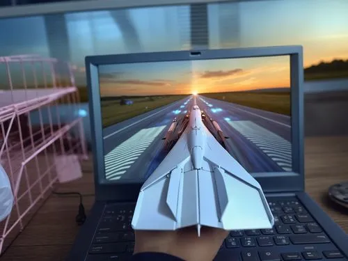 fly to space with turbo,a man looking at a paper airplane that is flying on the keyboard,touchscreens,virtual landscape,telepresence,virtualisation,virtualized,augmented reality,Photography,General,Ci