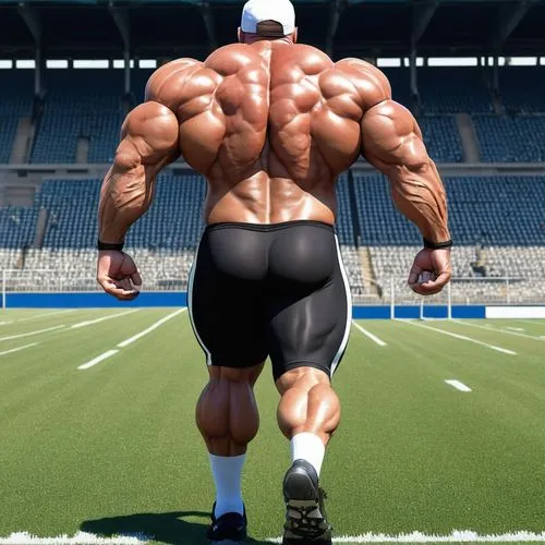 anime, hyper muscular heavyweight bodybuilder muscle daddy football coach walking on a football field, 65 years old, trimmed beard, baseball cap, extremely short shorts, net tank top, tight clothing, 