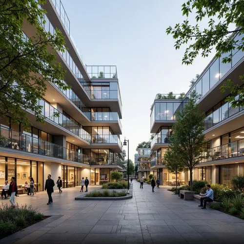 Vibrant community center, transparent glass facades, minimalist steel frames, open-air atriums, cantilevered rooftops, greenery-infused walls, natural light filtering, subtle shading devices, social g