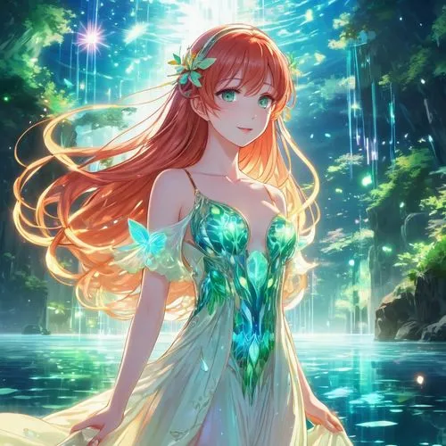 rusalka,mermaid background,nami,lilly of the valley,emerald sea,water nymph,luminous,tiki,underwater background,fantasia,lily of the field,emerald,water-the sword lily,asuka langley soryu,radiant,ocean background,cg artwork,flora,honolulu,green mermaid scale,Illustration,Japanese style,Japanese Style 03