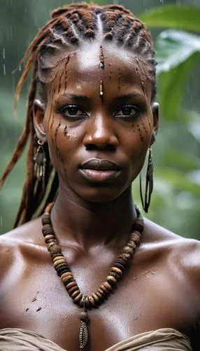 a new trailer tv series shows the main character, in the style of post-apocalyptic ruins in rain, beautiful wet  himba women , 8k resolution, wet light white and brown chiffon, wet junglecore, celebri