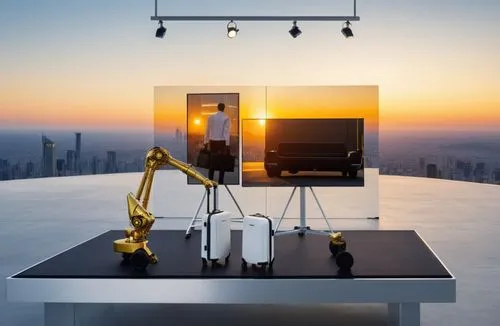 Create a luxurious storefront display inspired by Porsche Design, viewed directly from the front. Place two sleek aluminum suitcases in the foreground, with one of them held by a yellow robotic arm fe