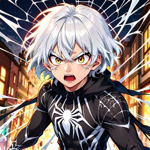 Un jeune homme de 17 an au cheveux blanc qui à une tenue Spider-Man blanc et noir qui utilise ses toiles d'araignée, il est enragé,accelerator,tsogo,ekonomou,michio,shoto,shigaraki,shinya,rabiatou,rik