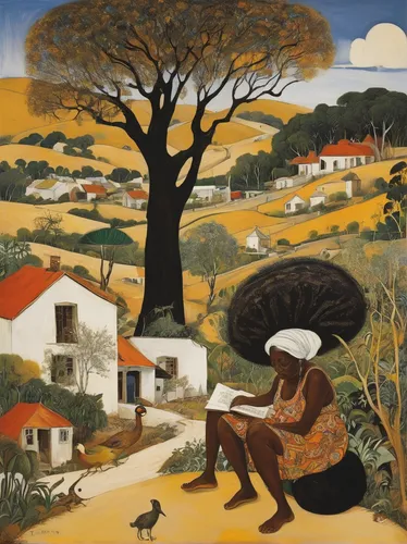 In a small village, an ebony granny tells enchanting stories to the children, bringing them joy and wisdom.,david bates,khokhloma painting,el salvador dali,caatinga,alentejo,village scene,grant wood,a