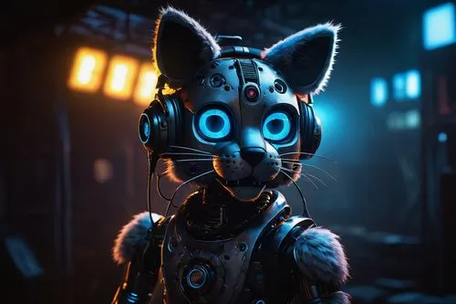 FNAF cat animatronic, robotic body, shimmering silver fur, glowing blue eyes, futuristic headset, mechanical limbs, hydraulic system, detailed metallic texture, neon lights, dark abandoned stage, fogg