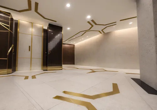 luxury bathroom,interior modern design,3d rendering,gold wall,render,hallway space,elevators,gold lacquer,luxury home interior,search interior solutions,interior design,gold paint stroke,gold stucco f