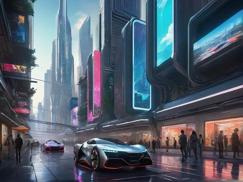 futuristic landscape,futuristic car,cybercity,futuristic,cityscape,futurist,cybertown,cyberpunk,futurists,concept art,ford gt 2020,sci fiction illustration,world digital painting,concept car,colorful city,cyberworld,brum,futuregen,cityzen,urbanworld,Illustration,Paper based,Paper Based 07