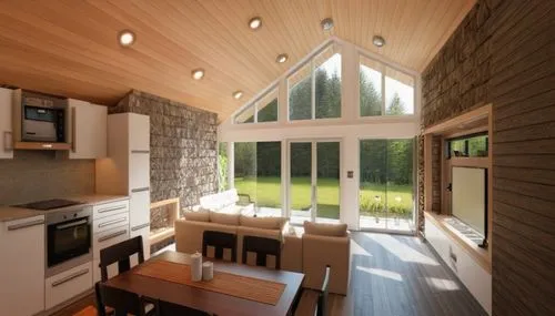 daylighting,inverted cottage,small cabin,new england style house,summer cottage,wood window,wooden windows,folding roof,cabin,vaulted ceiling,wooden beams,timber house,mid century house,modern kitchen,modern kitchen interior,kitchen design,kitchen interior,breakfast room,3d rendering,gable field,Photography,General,Realistic