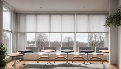 background to outside, 
add  grey roll curtains rolled up 
wood neutral Color
minimal white ceiling 


,window blinds,window blind,daylighting,window covering,window treatment,modern office,contempora