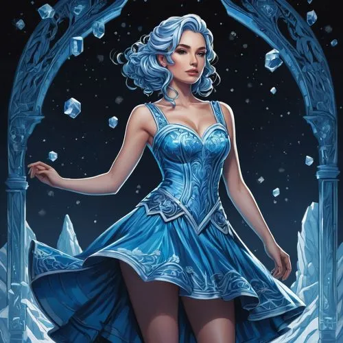 ice queen,the snow queen,blue enchantress,ice princess,cinderella,cendrillon,Illustration,Realistic Fantasy,Realistic Fantasy 25