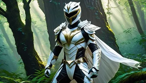 White Ranger, fantasy armor, silver trim, intricate details, flowing white cape, majestic helmet, heroic pose, standing, misty forest, giant trees, morning dew, soft sunlight filtering through leaves,