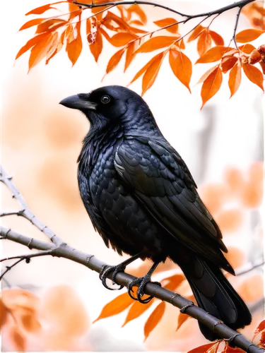 Crow, perched, branches, autumn season, orange leaves, black feathers, sharp eyes, beak open, morning dew, soft sunlight filtering through leaves, 3/4 composition, shallow depth of field, warm color t