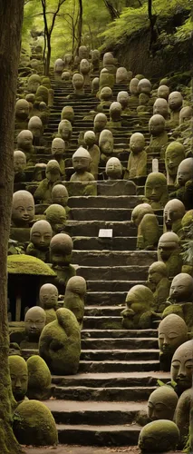 Jizo figures line the steps at Daishoin.,stone stairway,zen stones,japanese zen garden,stone stairs,winding steps,zen garden,jizo,japanese garden ornament,steps carved in the rock,zen rocks,japanese g