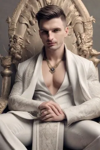 throne,male model,white silk,white clothing,the throne,white rose snow queen,male ballet dancer,white velvet,bridegroom,monarchy,male elf,white coat,vestment,king arthur,barong,greek god,cullen skink,white gold,thrones,fur clothing,Photography,Realistic