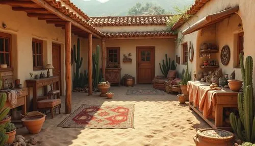 Southwestern US, desert landscape, adobe-style clinic building, earthy tones, natural materials, wooden accents, clay roof tiles, arched windows, stone columns, cacti plants, sandy grounds, warm sunli