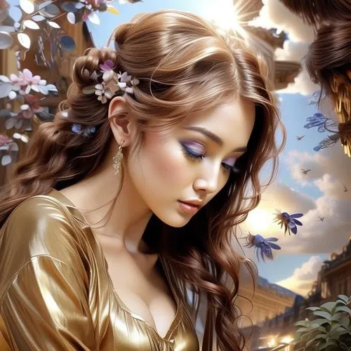 fantasy portrait,golden flowers,gold leaf,behenna,fantasy art,romantic look,golden wreath,romantic portrait,fantasy picture,world digital painting,golden lilac,margairaz,digital painting,gold filigree,mystical portrait of a girl,enchanting,golden color,gold flower,deviantart,faery